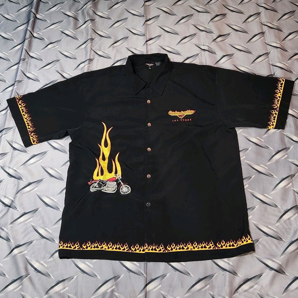Harley Davidson Button Up Shirt Size 3XL (Fits 2XL) Flames Embroidered